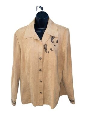 STUDIO I Vintage Women's Western Paisley Faux Suede Shirt Tan Button up Size 16